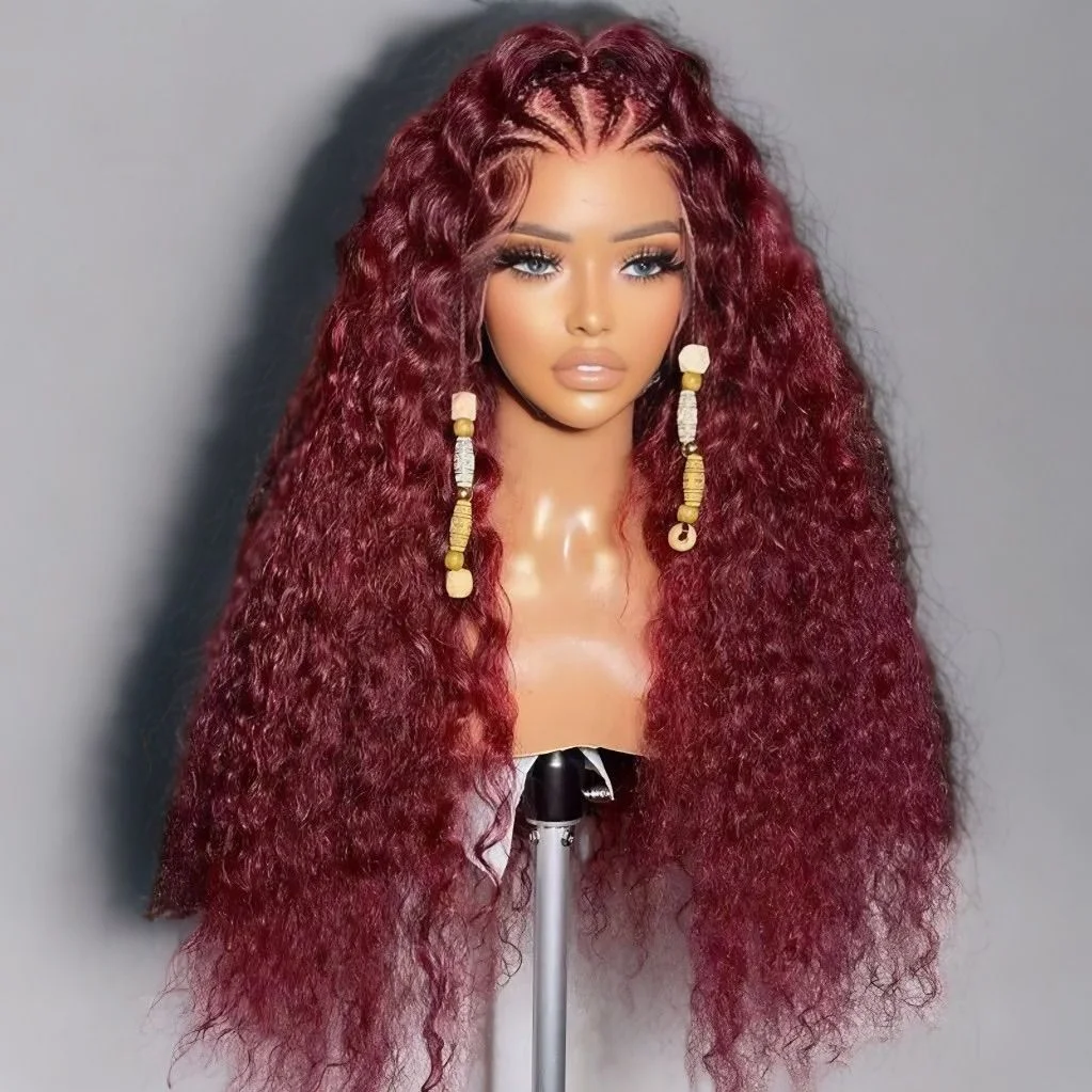 

Мягкие 26-дюймовые длинные 180 Плотность Винно-красные 99j Кудрявые вьющиеся парики спереди для женщин Детские волосы Синтетическое волокно Глубокая часть Ежедневно