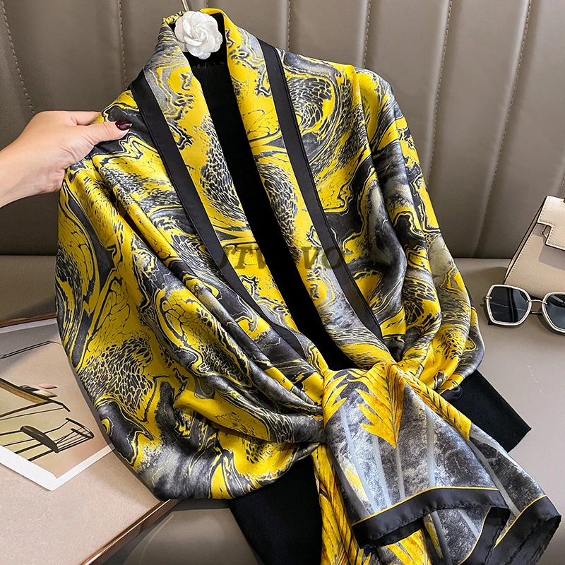 Luxury brand Royal Black gold satin silk scarf Women Brand Fashion Scarf Large Shawls Pashmina Hijab Foulard Design Retro flower