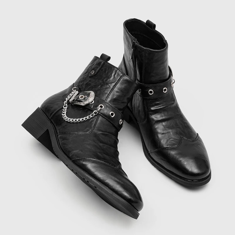 Fashionable Men Chelsea Boots Black Color Side Zipper High Heel Retro Men Casual Business Ankle Boots Social Boots Sizes 38-46