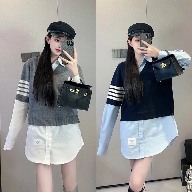 High-End Knitted irt Design Sense Splice Casual Long Sve Four Bar Top Women's Faion Premium Version Euro Sle Vest
