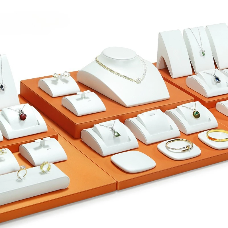

Orange White Leather Jewelry Display Props Ring Earrings Necklace Bracelet Watch Storage Set Counter Jewelry Display Rack