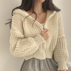 Coreano Chic cardigan corto con cappuccio donna autunno inverno scava fuori cerniera maglione lavorato a maglia cappotto Casual maglieria allentata top