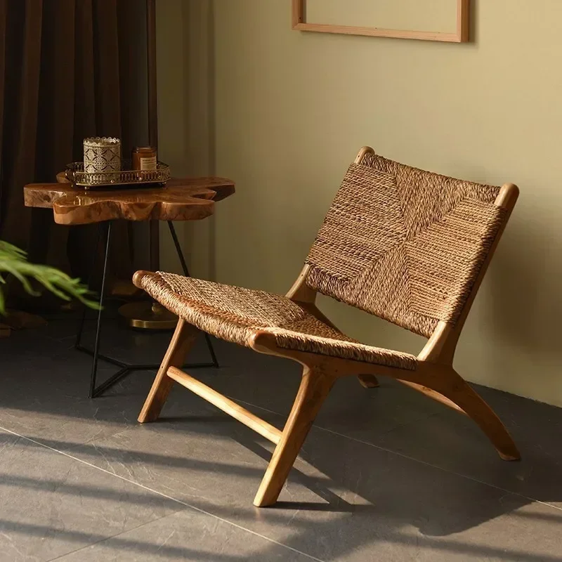 Puffs Asiento Single Sofa Chair Modern Leisure Solid Wood Backrest Balcony B&B Log Wabi Sabi Style Living Room Leisure Chair