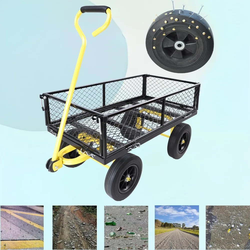 Farm and Garden Utility Wagon - Removable Sides, Heavy-Duty Dump Cart with Yellow and Black Wheels