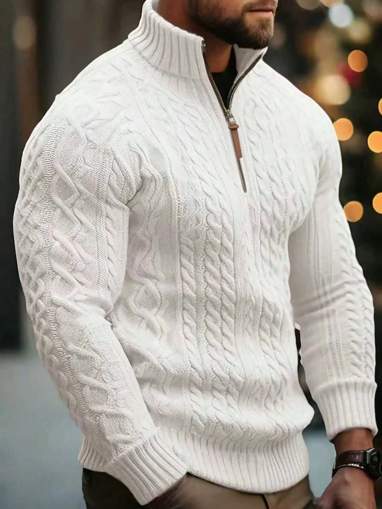 

Men's Half-Zip Turtleneck Cable Knit Sweater for Autumn Winter Casual Wear