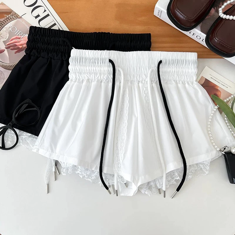 

Lace Patchwork Casual Shorts Women Summer Chic Drawstring Wide Leg Shorts Korean Harajuku Fashion High Waist Straight Shorts