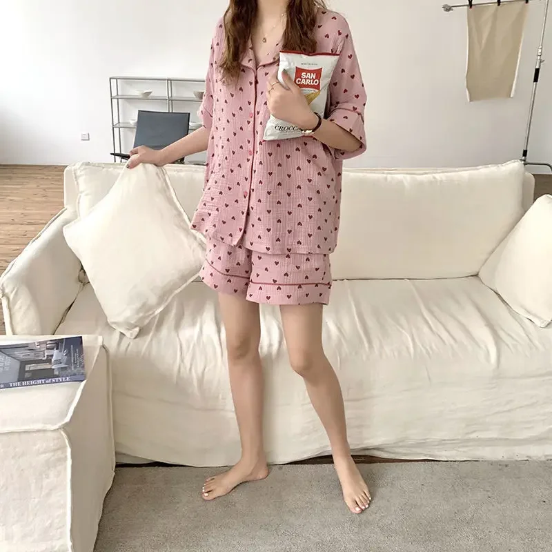 Conjunto de pijama de algodão estampado coração feminino, pijama coreano, manga curta, roupas de 2 peças, verão, 2021