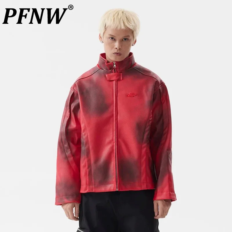 

PFNW Three-dimensional Embroidery Design Spray Painting Leather Jacket Men's American Streetwear Stand Collar Niche Tops 28W4746