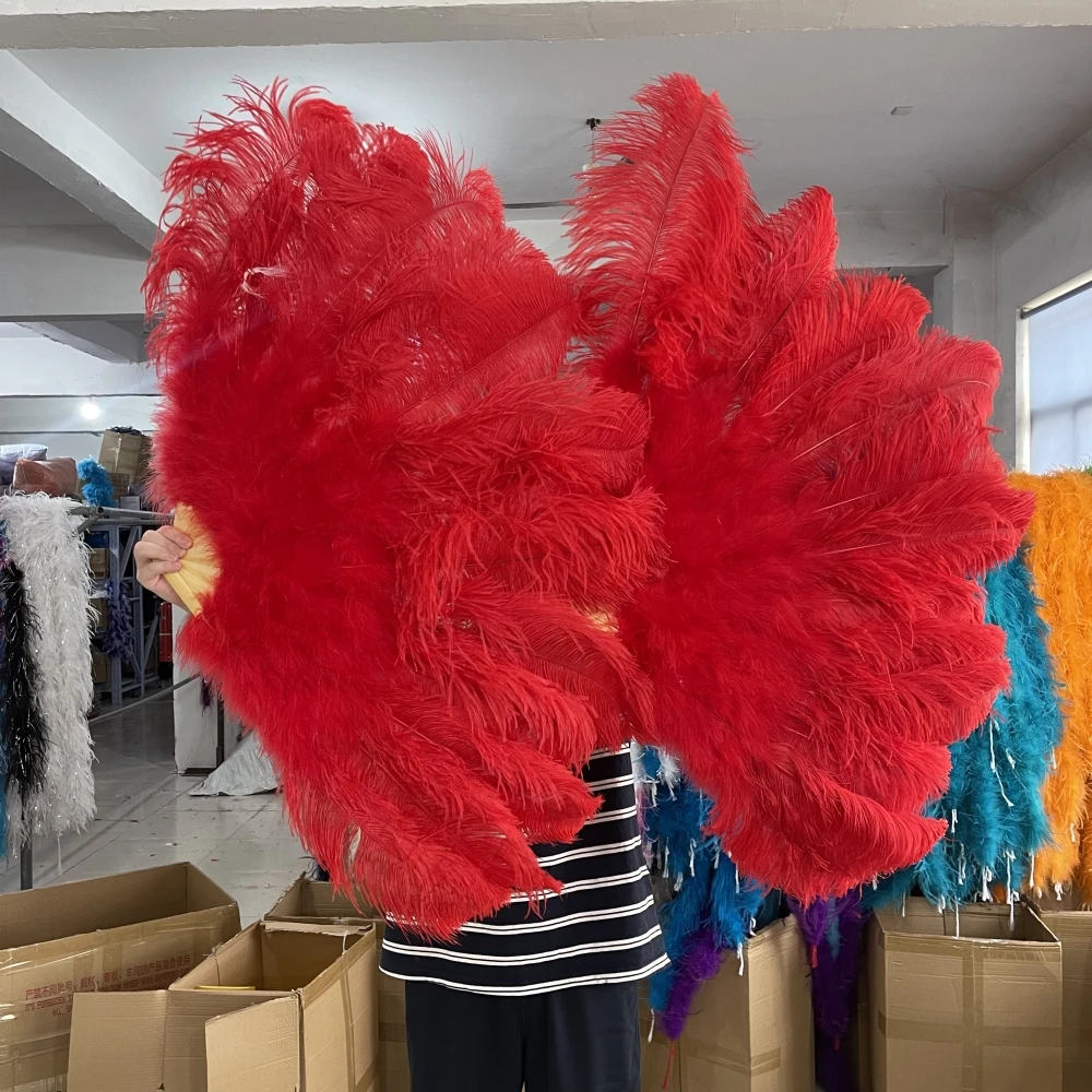 

Customized Red Ostrich Feathers Hand Folding Fan for Woman Stage Performance Dancer Props 13 Bone Ostrich Feather Fan Decoration