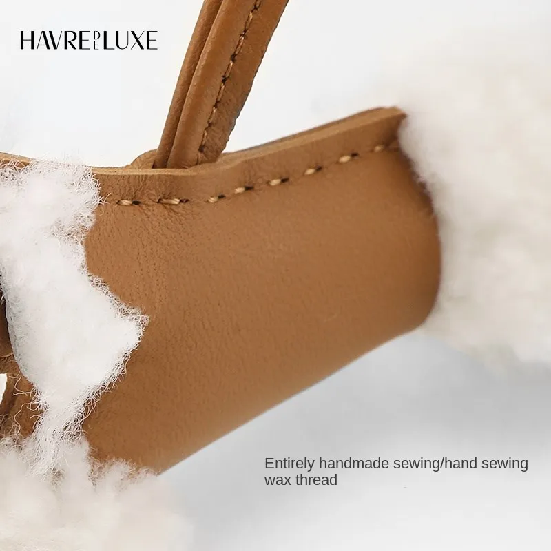 HAVREDELUXE Full hand-stitched sheepskin HHome Food basket bag Pegasus Budy Plush dog pendant genuine leather furry dog pendant