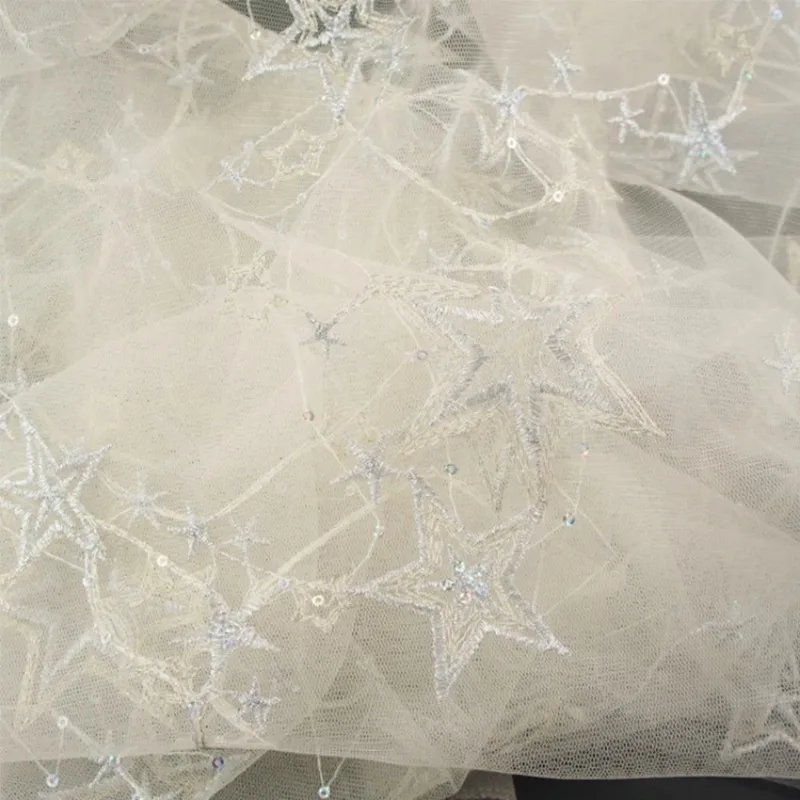 1yard 130cm wide quality mesh three-dimensional embroidery Stars sequined lace fabric diy Nigeria beach dress evening dress lace