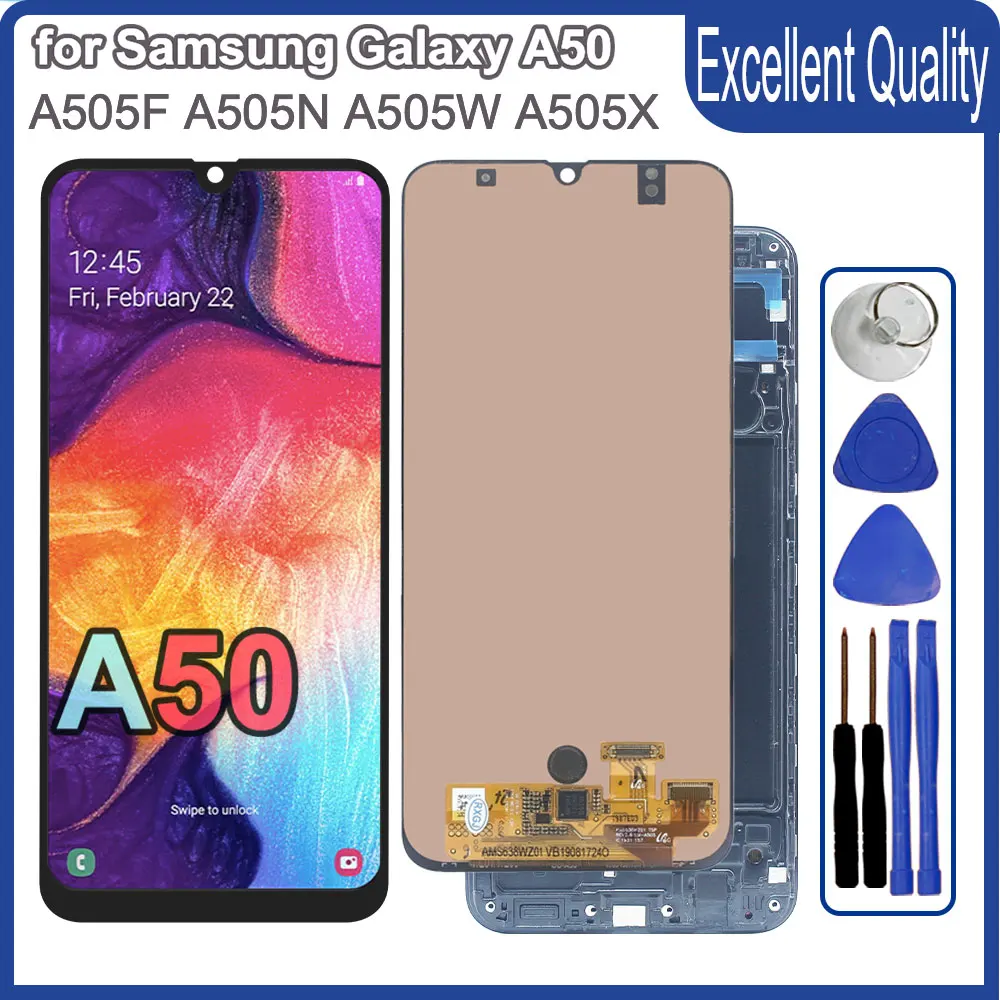 Pantalla LCD AMOLED para Samsung Galaxy A50 A505F, Pantalla LCD de Repuesto con Digitalizador para Samsung A50 A505F con Marco