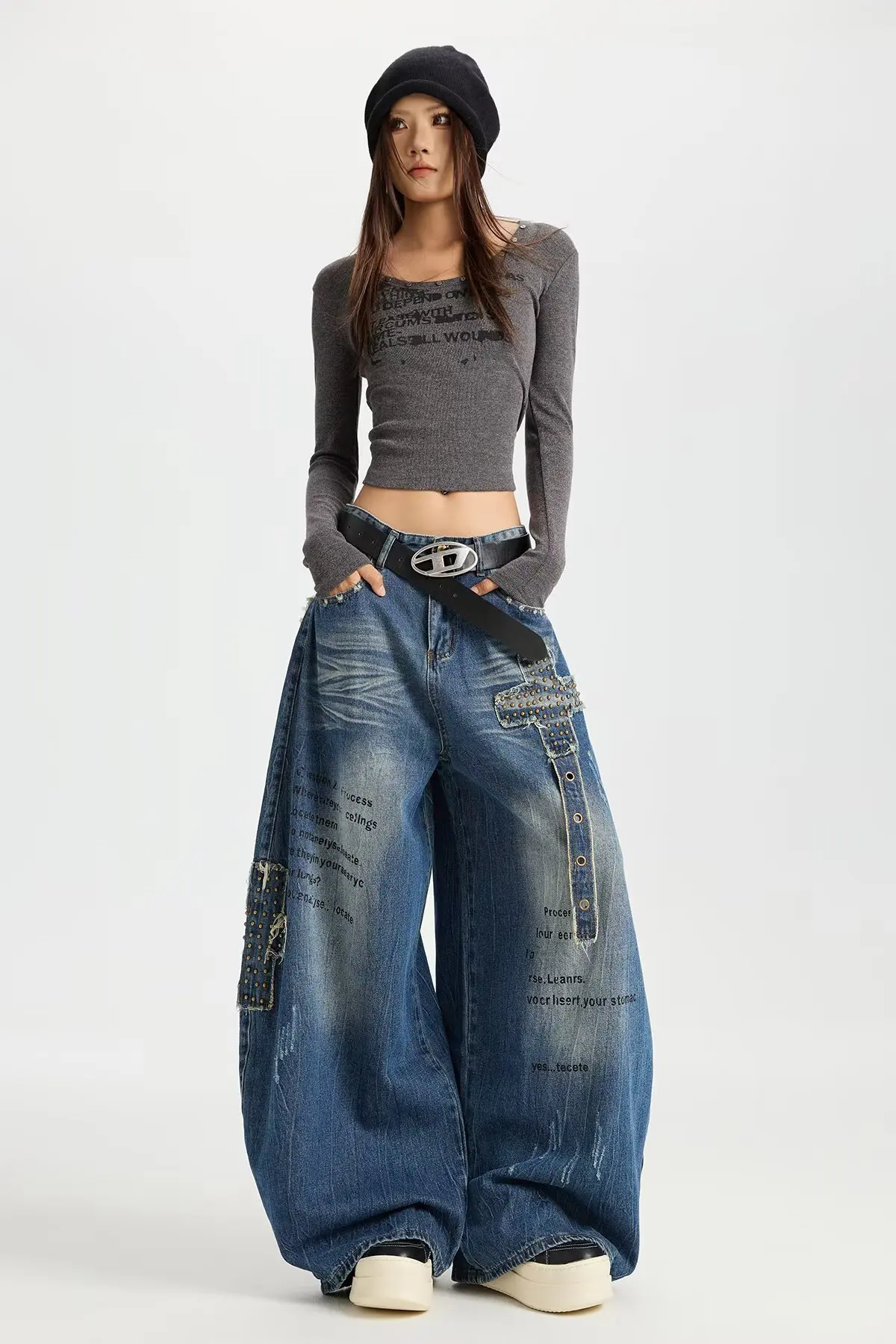 

Ретро прямые ковбойские рабочие брюки с вышивкой для женщин, осенние новые свободные широкие брюки с высокой талией, длинные брюки в пол High Street