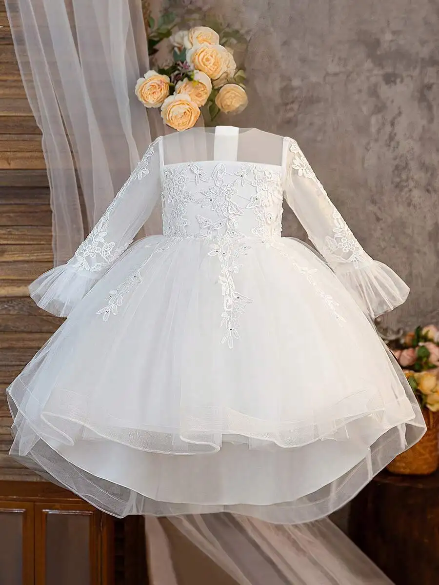 

Long Sleeve Sequin Applique Tulle White Tailcoat Evening Dress For Wedding Party