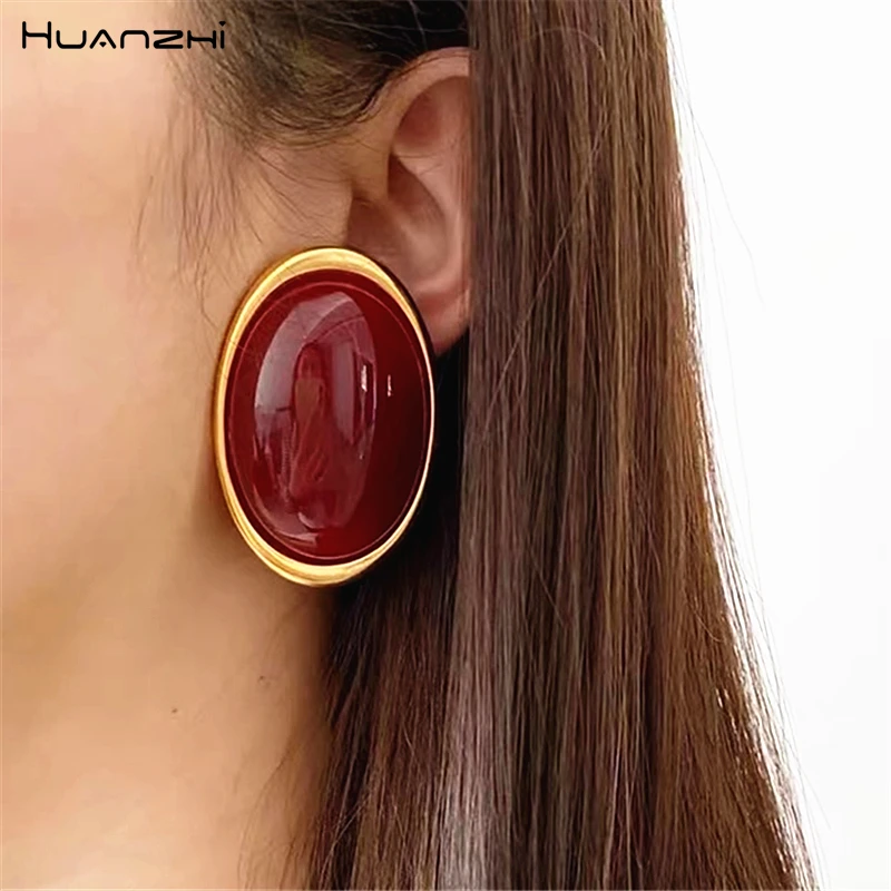 HUANZHI 5cm Red Resin Oval Large Earring Fashion Temperament Charm Chunky Vintage Jewelry 2024 New Design for Women