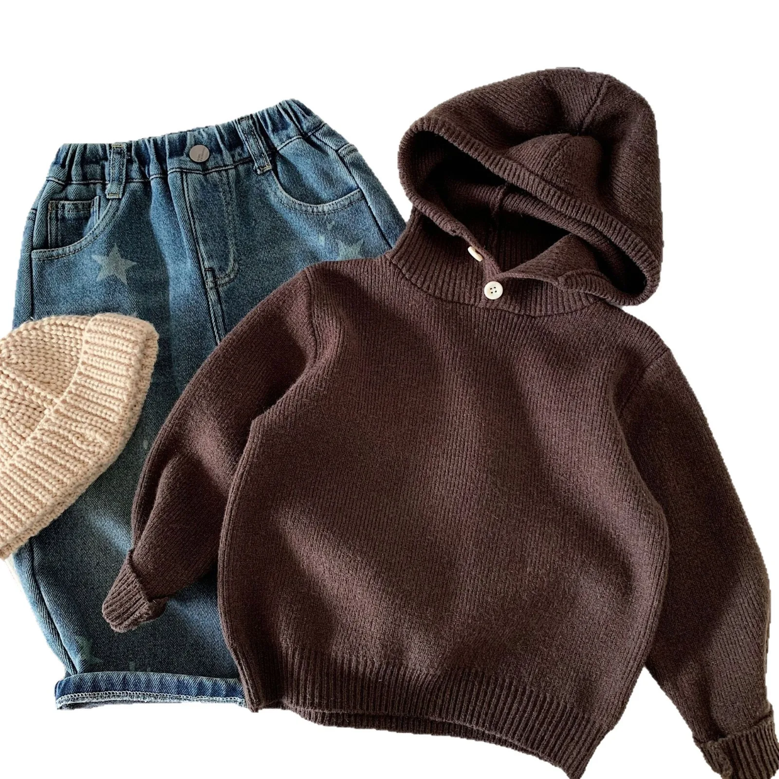 Sweater Children Hooded Pullover Knitted Sweater 2026 Winter New Boys Two Button Half Open Soft and Sticky Sweater