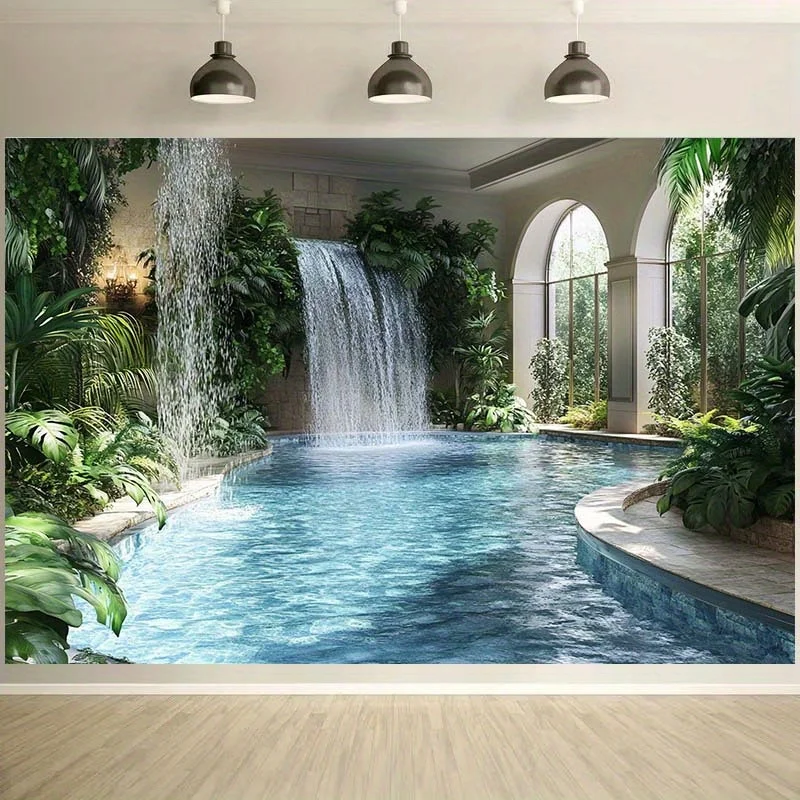 Tropischer Oase-Hintergrundstoff, mit einem Wasserfallbecken und üppigen Pflanzen – Gartenwanddekoration aus Polyesterfaser