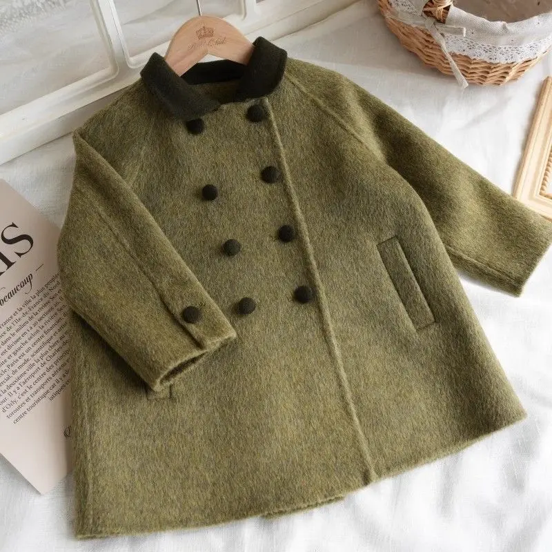 Fashion Army Green Woolen Overcoat 2023 New Winter Girl's Korean Design Double Breasted Coat Vintage Trend Long Outwear