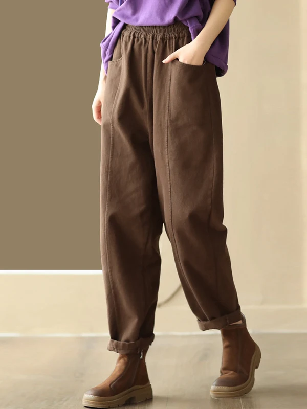

Retro Fce Casual Cotton Trousers Elastic Waist Harlan Slimming Long Pants Autumn Faion Women's Clothing Artistic Sle