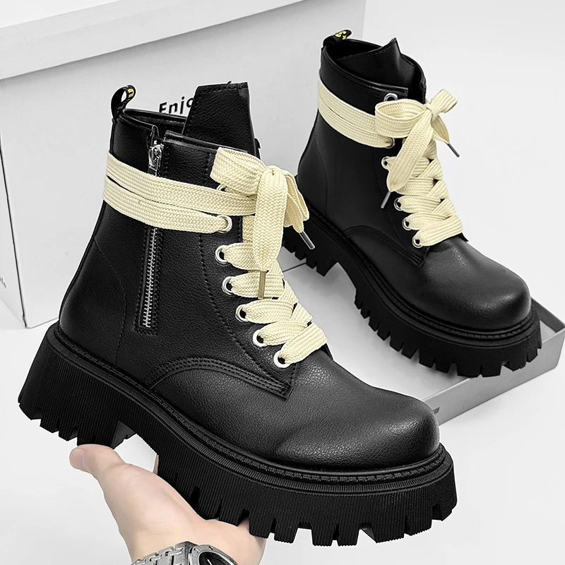 

2025 New Men's Boots - Black Leather High-Top British-Style Motorcycle Boots, Waterproof & Elevated Work Boots