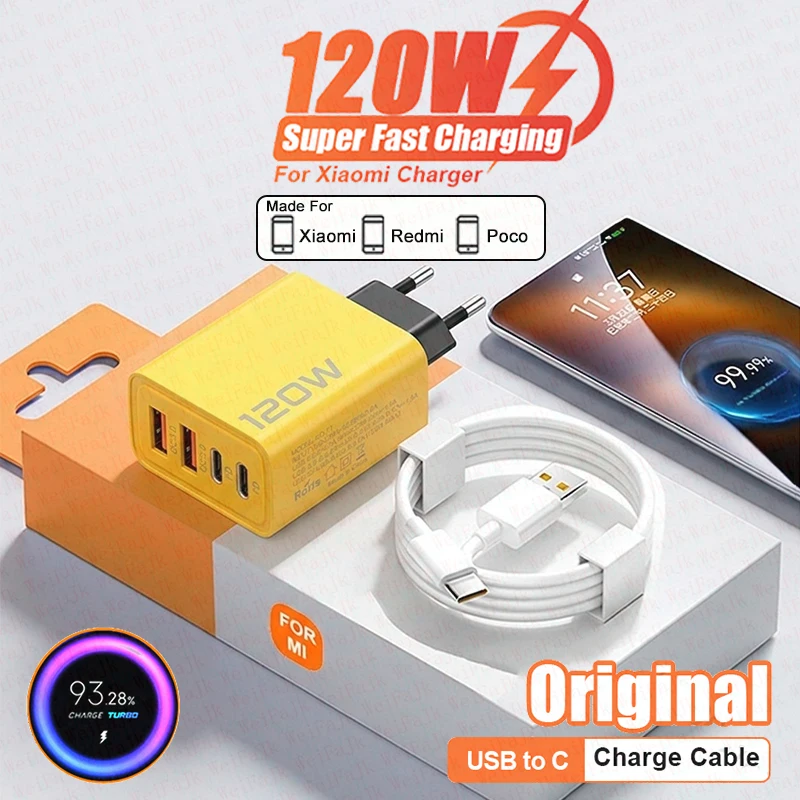 For Xiaomi Original 120W 4 Port Quick Charger For Redmi Note 12T Pro 15 Ultra iPhone 16 17 Samsung USB Type C Fast Charge Cable