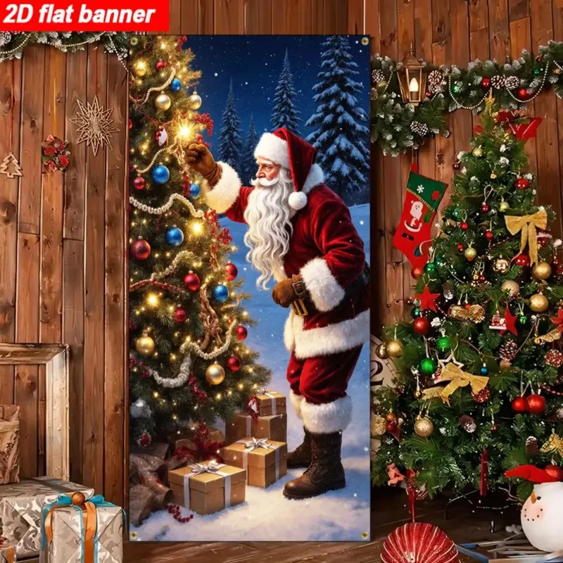 1 peça 2d plano natal/ano novo/inverno banner, representando vivamente o papai noel adora uma árvore de natal espumante, sem necessidade de energia