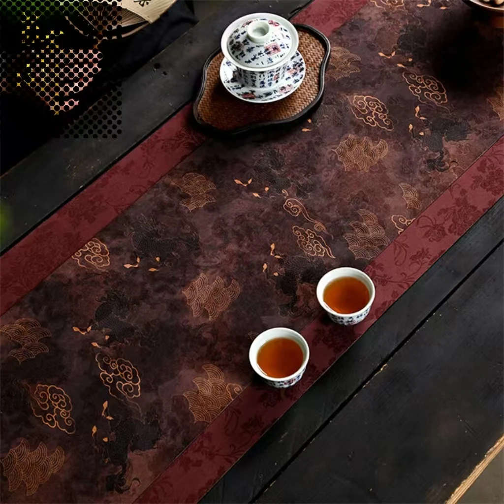 Waterproof brocade teamat light luxury high-end table runner imitation linen fabric Chinese style teaflag mat new Chinese style