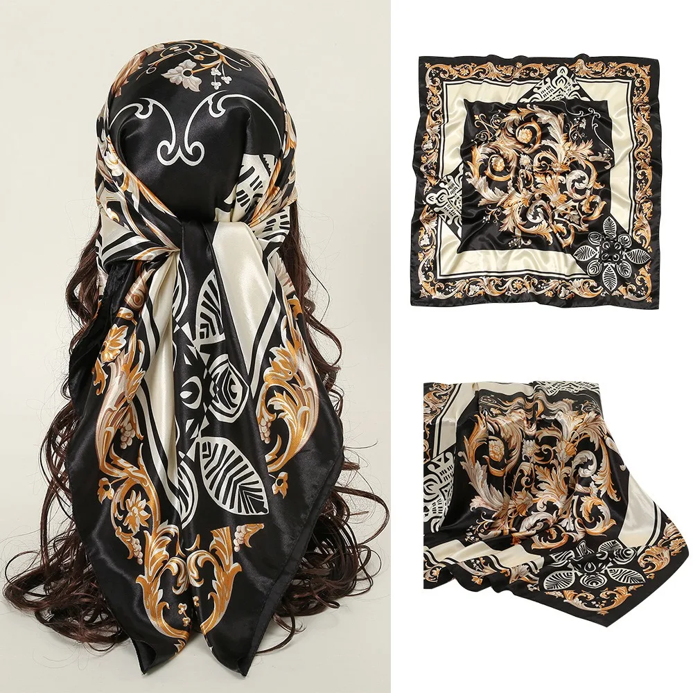 

Elegant Printed Women Head Scarf Square 90*90cm Large Hair Bandana Satin Silk Soft Female Shawl Wrap