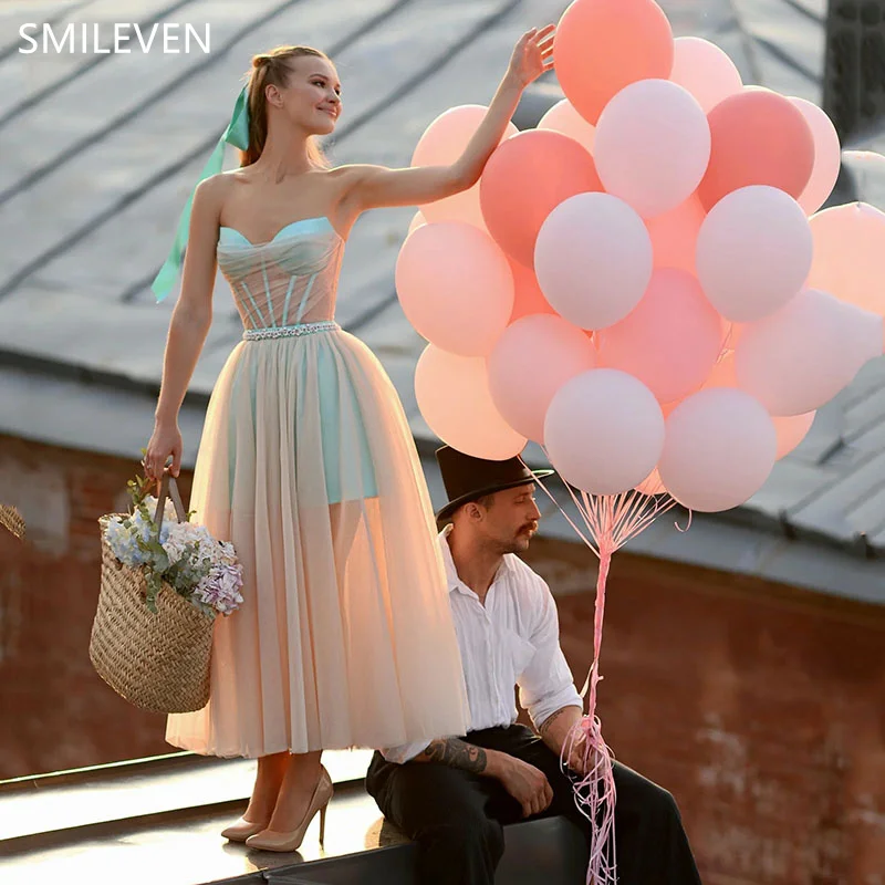 Smileven A-line Champagne Gauze Sweetheart Prom Dresses Strapless Tea-Length Applique Graduation Dresses Customized