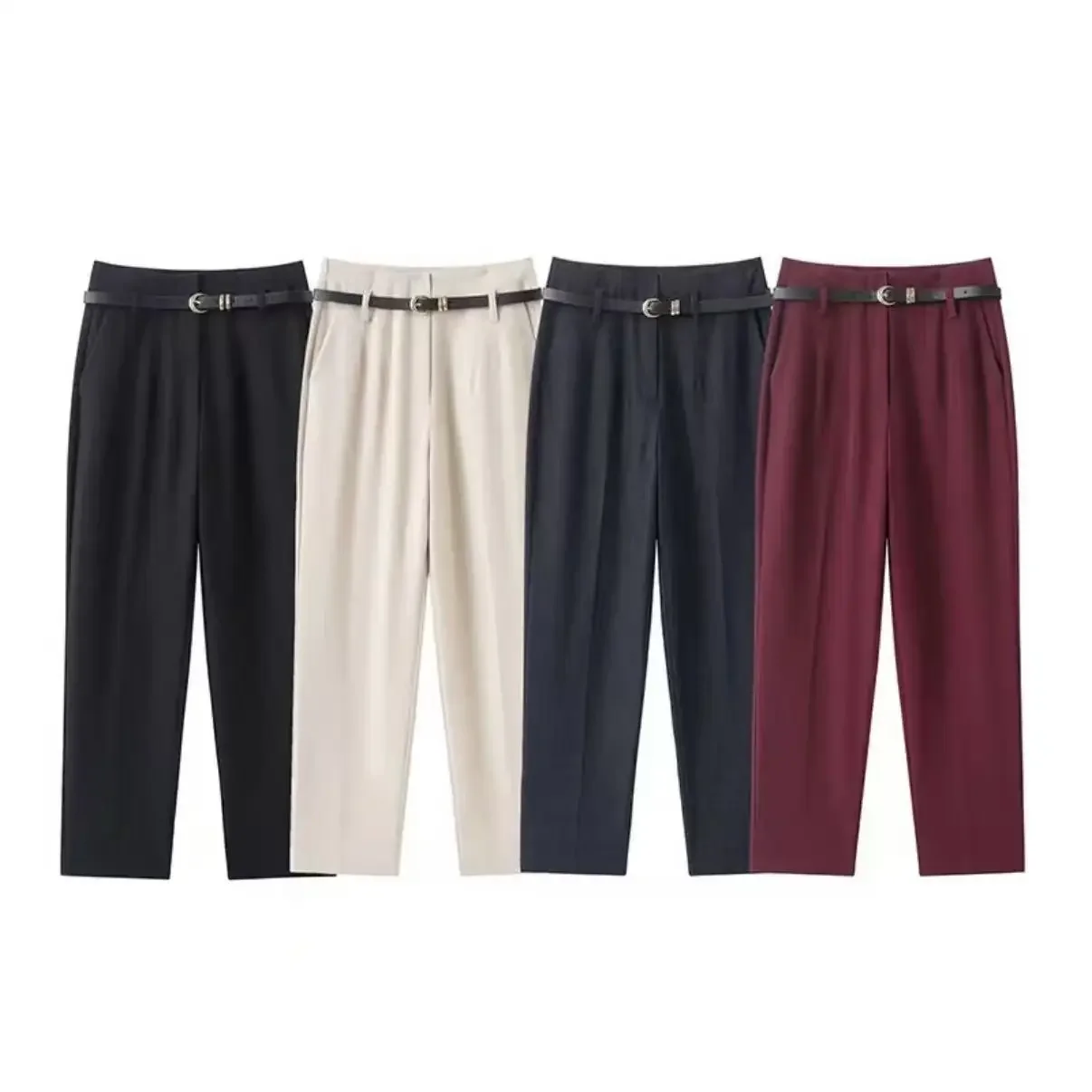 

Women's Slim Straight Pants Autumn Winter Retro Fashion Loose Casual High-Waist Trousers Workstyle Belted Bottom