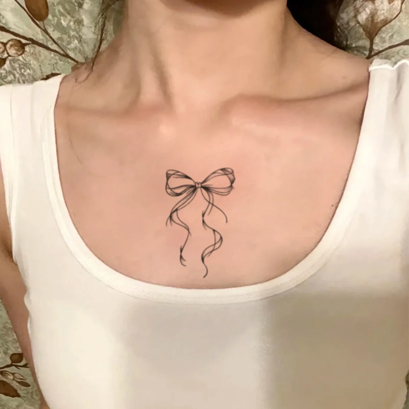 Black Ribbon Bow Collarbone Temporary Tattoo Sticker Waterproof Fake Tattoo Body Art for Women