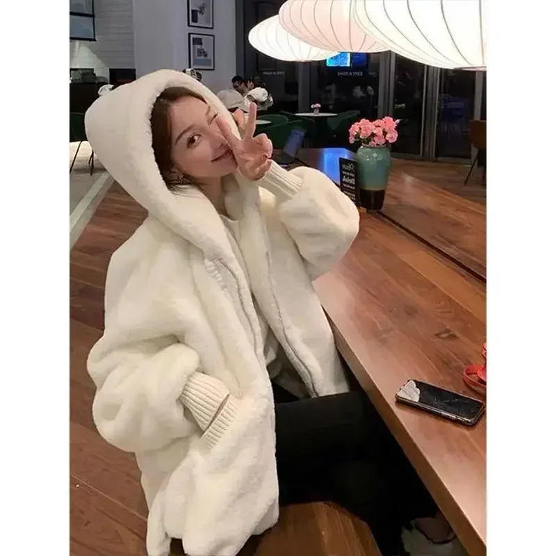 White Imitation Lambwool Outwear Top Coat Women Winter Warm Furry Overcoat Casual Hooded Faux Rabbit Fur Plush Jacket