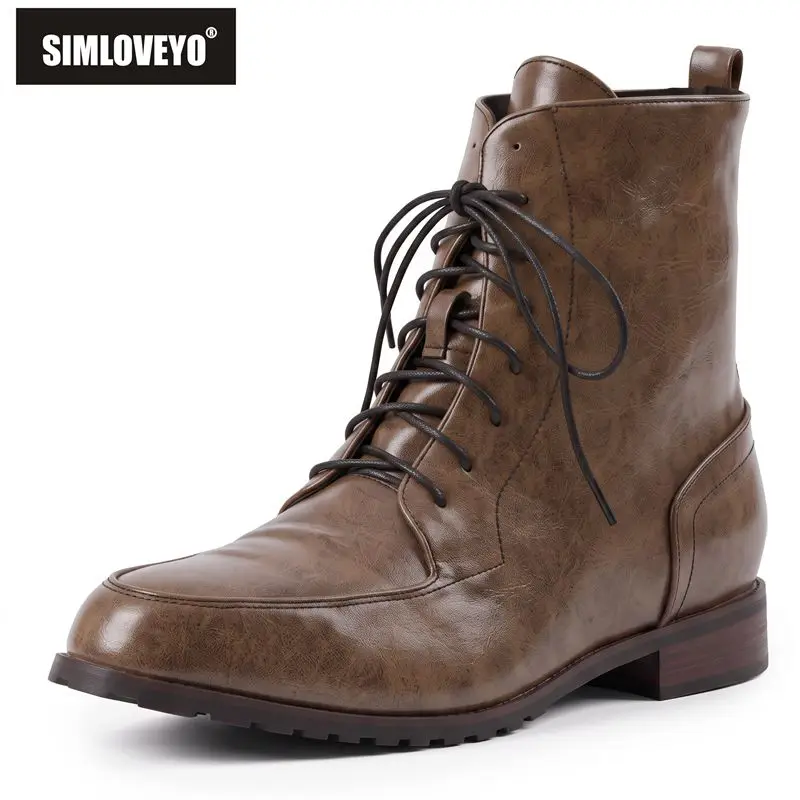 SIMLOVEYO Coffee Mens Ankle Boots Round Toe 3cm Low Heel Lace Up Plus Size 47 48 49 50 Retro Leisure Daily Footwear Autumn