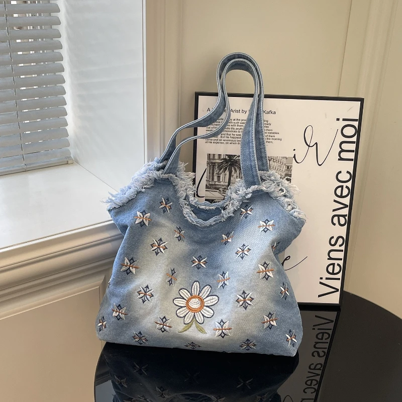 

New Washed Denim Women Shoulder Bag High End Flower Embroidery Underarm Bucket Bag Large Capacity Personalized Niche Tote Bag
