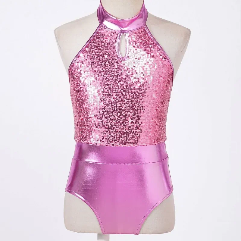Kids Girls Halter Sequins Ballet Gymnastics Leotard with Shorts Jazz Hip-Hop Dancewear Sets for Dance Competition Performance&J1