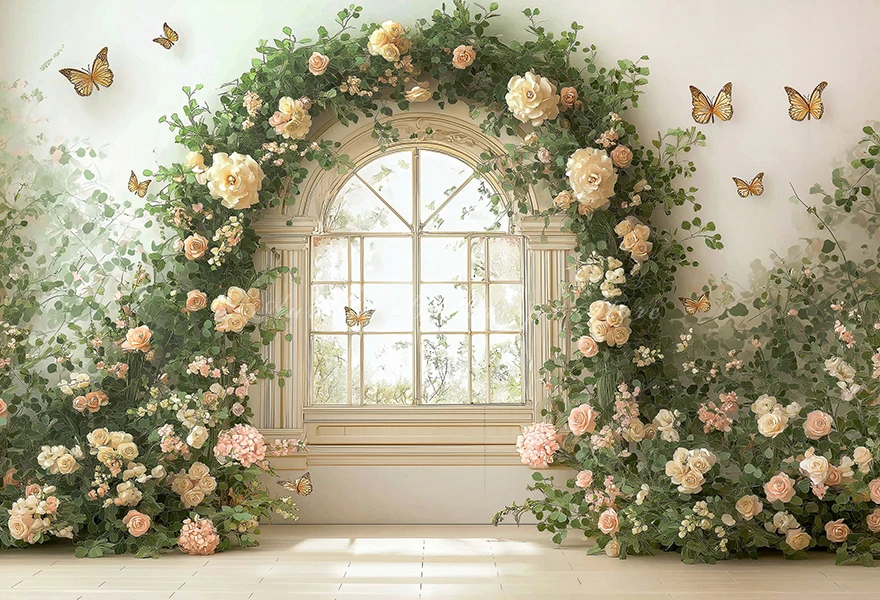 Wedding Arch With Roses and Greenery Butterflies Photography Backdrop Kids Baby Adult Studio Photocall Backgrounds