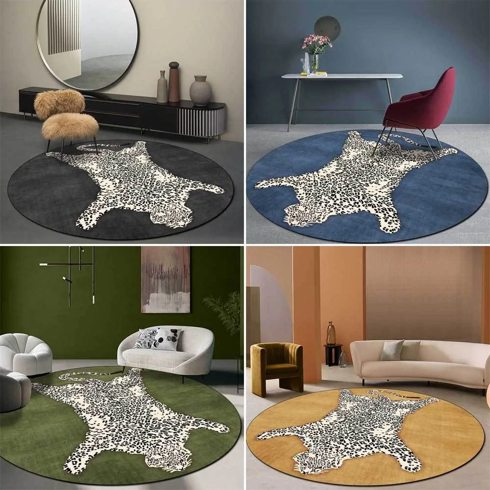 Vintage Leopardenmuster Runder Teppich Rutschfester Tier-Bodenteppich Moderner Dekorativer Teppich für Schlafzimmer Wohnzimmer
