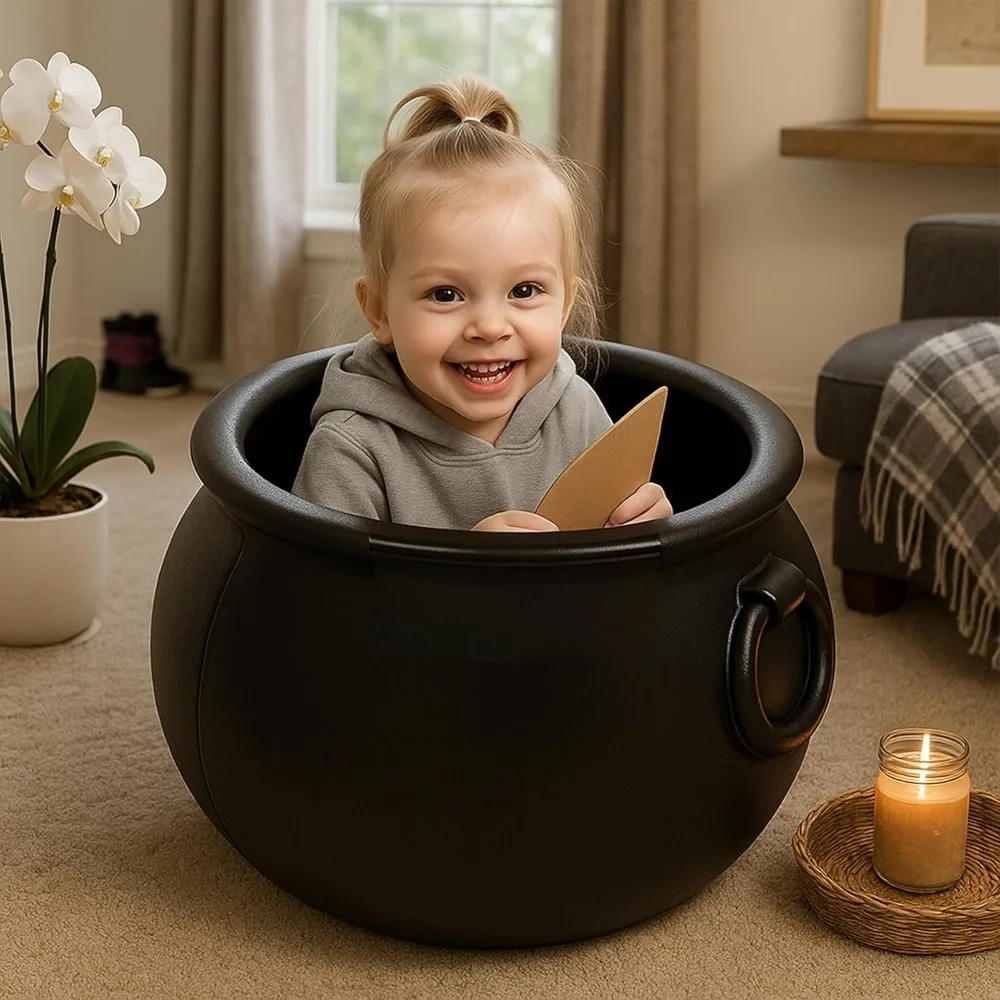 وعاء مرجل الهالوين مقاس 22 بوصة من PMU، وعاء ساحرة بلاستيكي أسود للحلوى، مناسب للديكورات الداخلية والخارجية