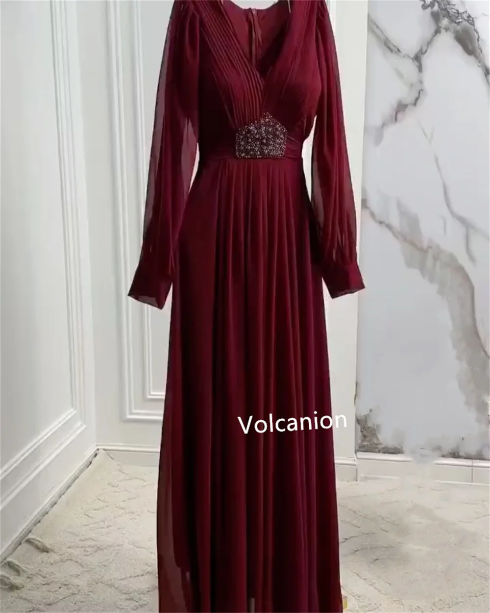 Customized Chiffon Rhinestone Pleat A-line V-neck Midi Dresses Bespoke Occasion Prom Casual Simple Sizes Available