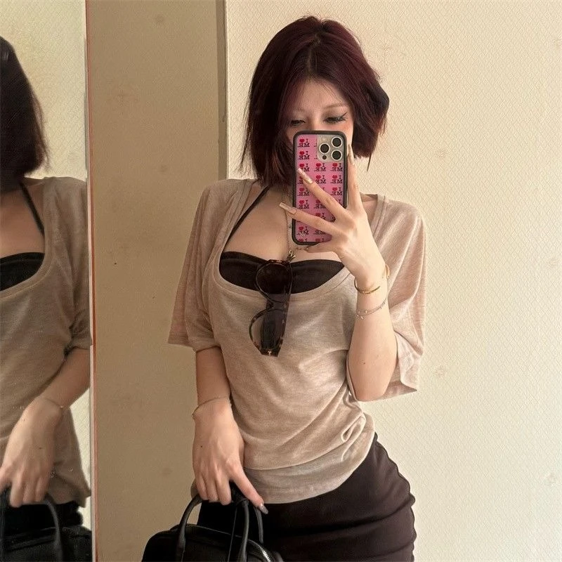 

Повседневные сексуальные комплекты из 2 предметов для женщин Y2k Укороченный топ Рубашки + жилет Корейская модная одежда 2000-х годов Американские винтажные костюмы Тонкие повседневные футболки