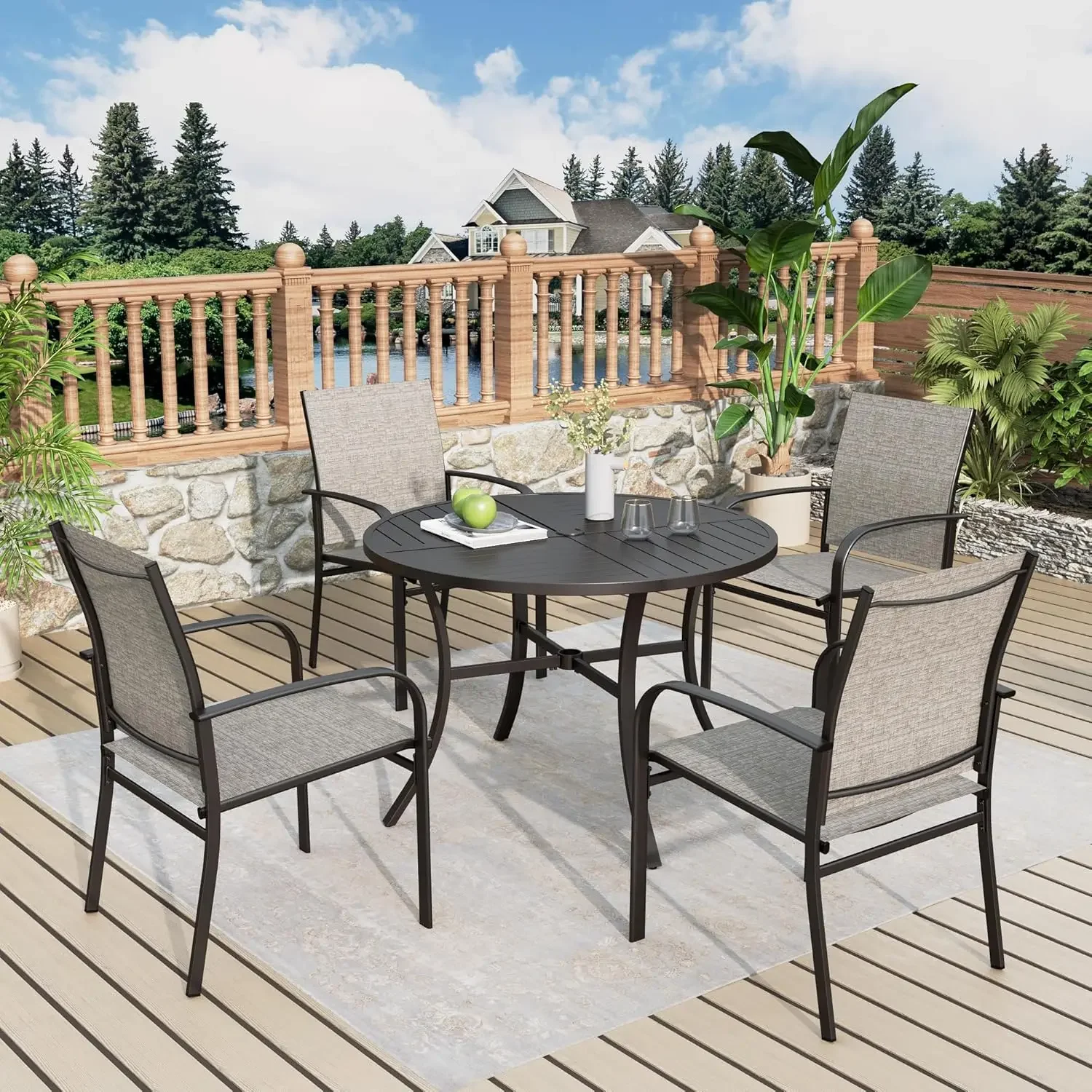 Set for 4, 5-Piece Outdoor Dining Set with 4 Brown Chairs and 4 Person Metal Round Table for Deck Garden Backyard Lawn Poolside