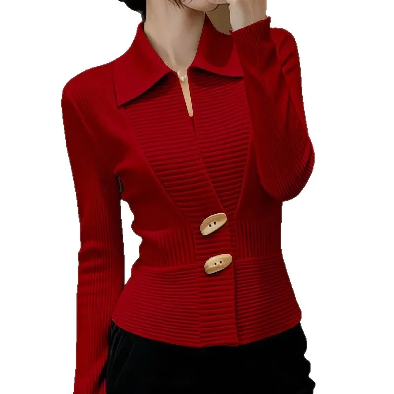 เสื้อสเวตเตอร์ผู้หญิงแบบสวม คอปก แขนยาว สีพื้น ทรงเข้ารูป ผ้าถัก สไตล์ลำลอง เสื้อถัก เสื้อผ้าผู้หญิง