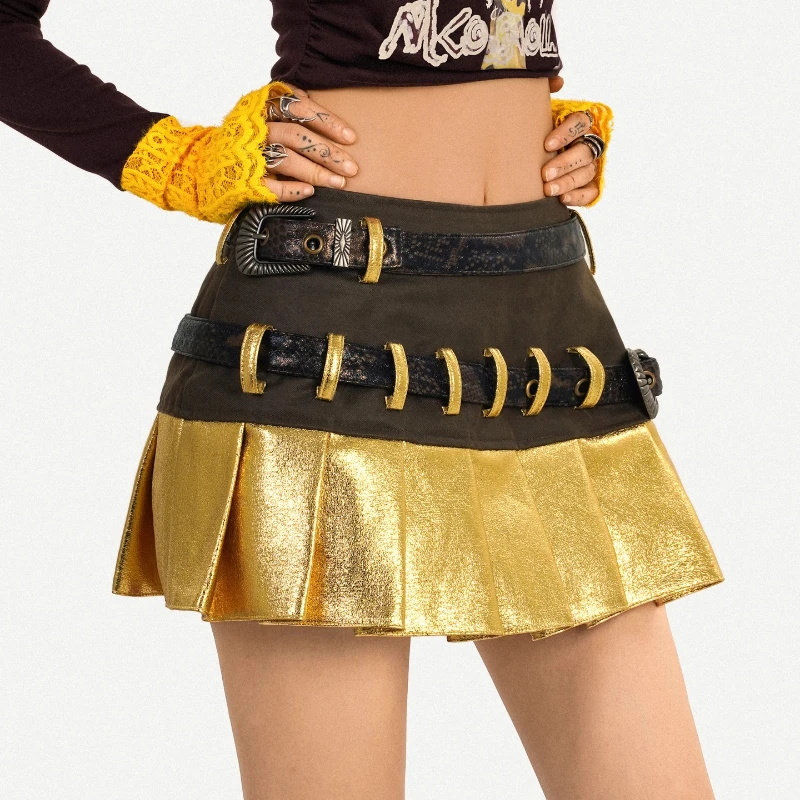 Original Design Heavy Industry Double Waist Gold Splicing Pleated Women's Short Skirt Autumn New Sweet Cool A-line Skirts Ladies