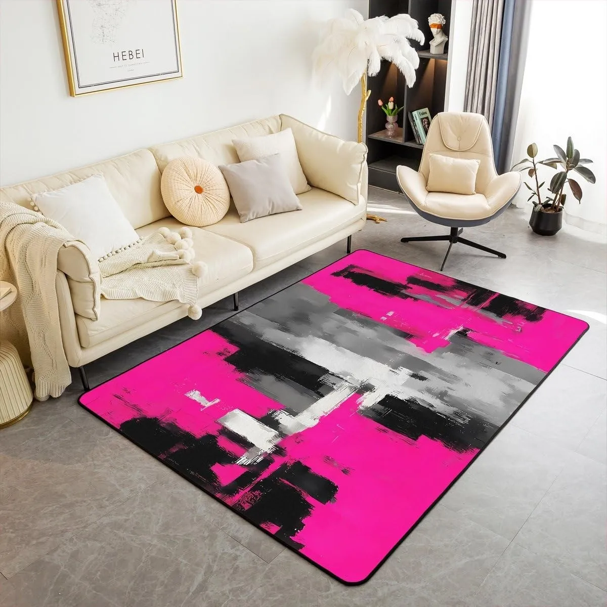 Hot Pink Carpet Abstract Living Room Bedroom Rug Oil Paint Brushstroke Floor Mat Charcoal Splatter Graffiti Graphic Doormat
