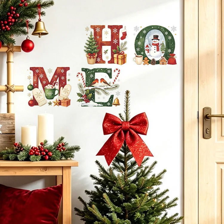 Weihnachten Zuhause Englische Wandaufkleber Schneemann Weihnachtsbaum Raumdekoration Wandbild Küche Restaurant für Neujahrsdekoration Aufkleber – Detail 3