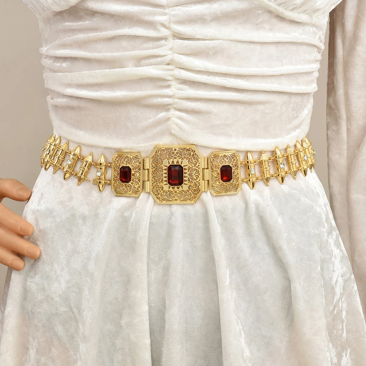 Retro Filigree Inlaid Rhinestone Belt Women Golden Metal Waistband Middle Eastern Bridal Dress Jewelry Accessory