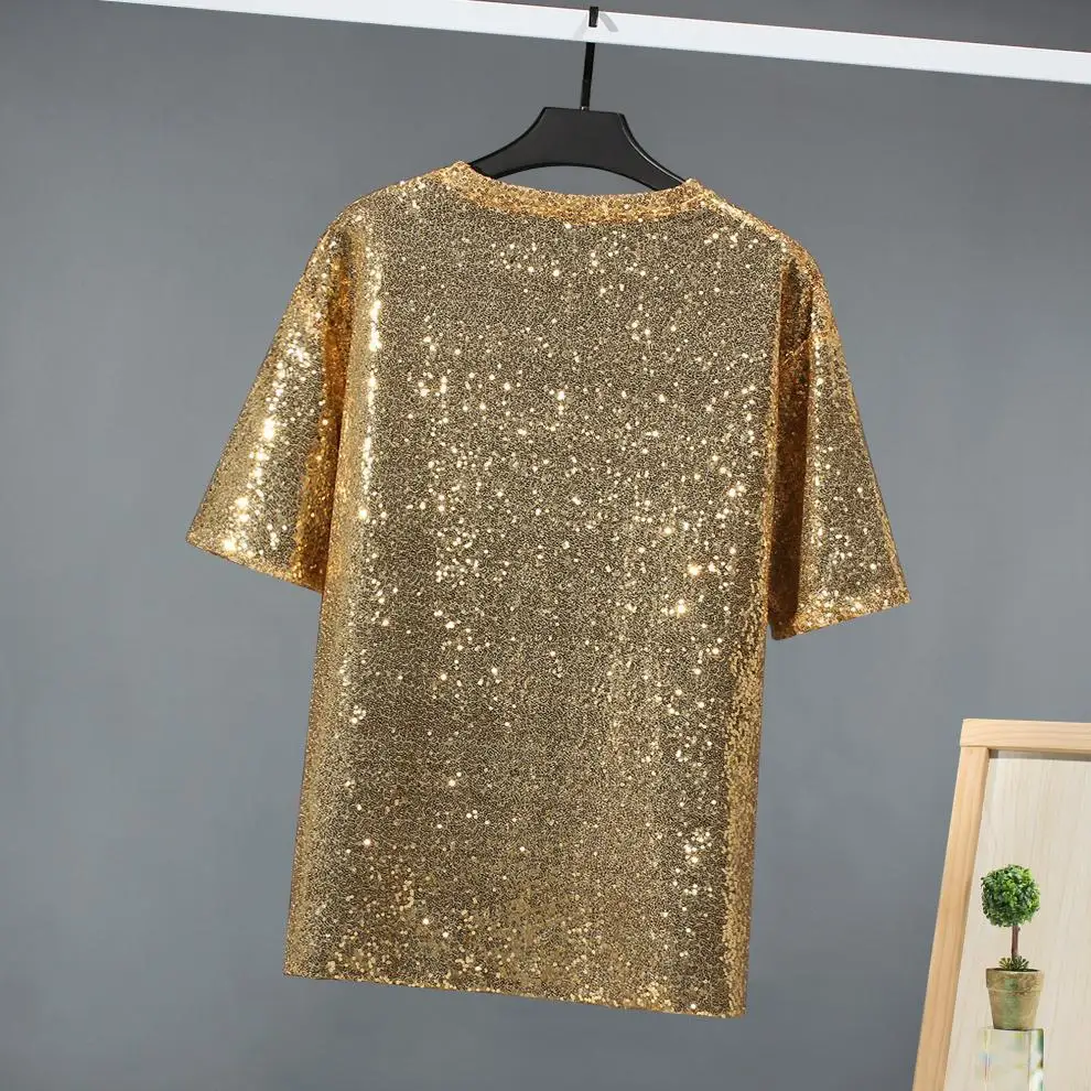 Mens Shiny Gold Sparkle Sequins 1970s Disco Party Club Costume T Shirt Short Sleeve Glitter T-shirt Hip Hop Streetwear Camiseta