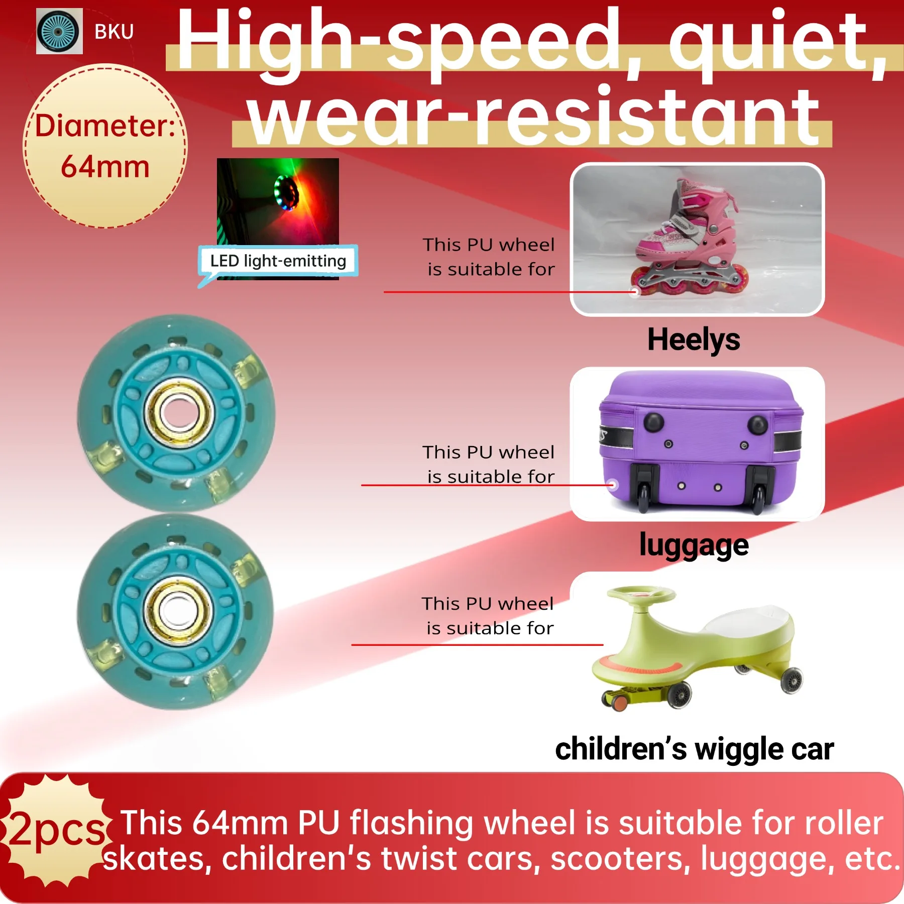 Ruote luminose da 64 mm da 2 pezzi/confezione: ruote in PU silenziose e durevoli per pattini a rotelle e scooter (sostituzione OEM, include cuscinetti)