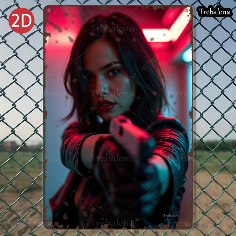 

1PC 2D Flat 8*12inch Metal Sign Retro Style Woman with Gun Neon Light Scene