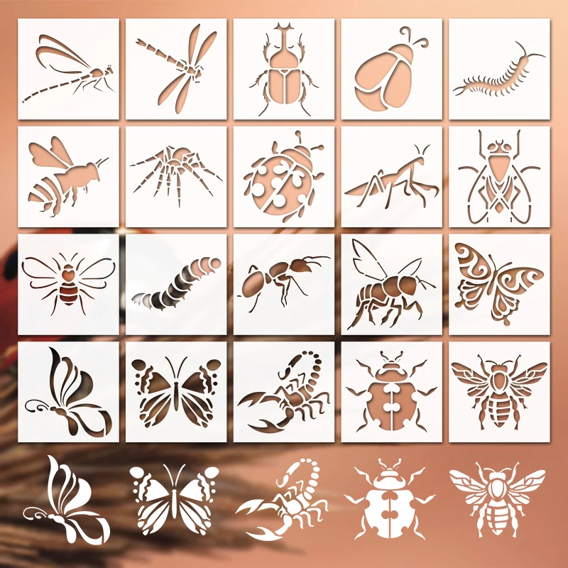 

YOMDID 20 шт., серия насекомых, трафареты для рисования, многоразовые трафареты «сделай сам», стрекоза, пчела и другие шаблоны для граффити с узором насекомых